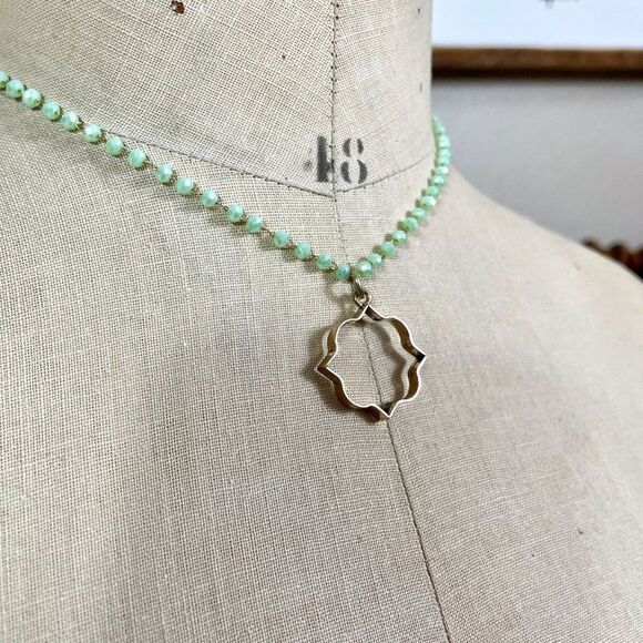 Antique Quatrefoil Watch Fob Assemblage Necklace Green Faceted Rondelle Moroccan - Picture 4 of 6